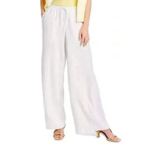 Women's Mid-RIse Wide Leg Linen Pull-On Pants -A New Day White Medium Tall